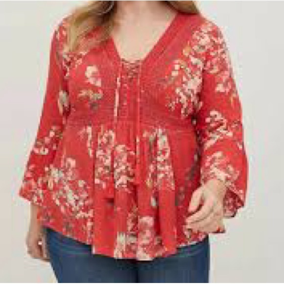 Torrid Babydoll Crochet Trim Lace Up Top 3/4 Bell Sleeves Orange Size 3X Boho - Picture 1 of 13
